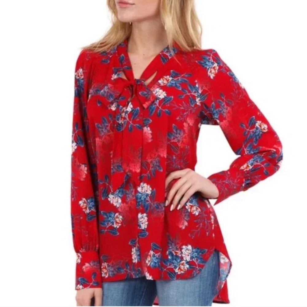 French Connection Kioa red crepe tie neck blouse with floral print size M